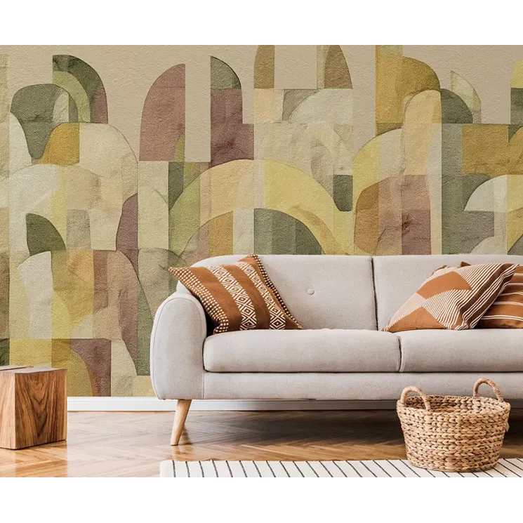Marrakech Z70761, Tadelakt sıva dokulu, soğuk gri beyaz tonlarında, minimalist soyut kemer ve geometrik desenli duvar posteri