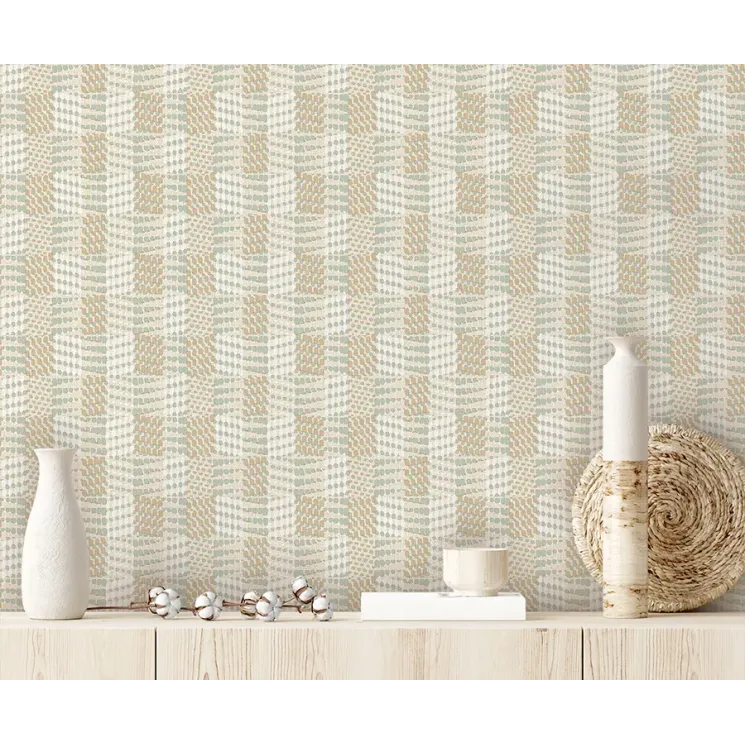 Marrakech Z70705, açık bej ve su yeşili tonlarında, etnik kilim / sepet örgü desenli, lüks İtalyan duvar kağıdı.