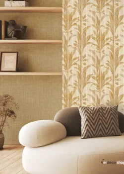 Natural Z48421 – Krem Zemin Tonal Yaprak Desenli Keten Dokulu Duvar Kağıdı, 5.32m²