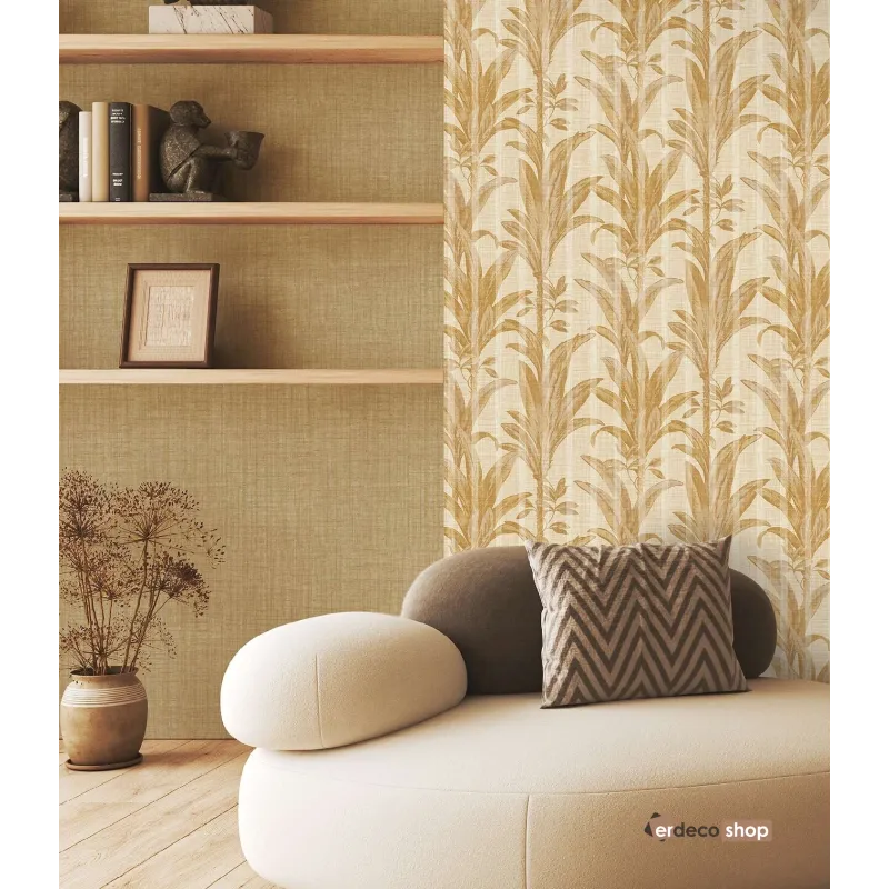 Natural Z48421 kırık beyaz krem zemin tonal bej taupe büyük yaprak keten dokulu duvar kağıdı
