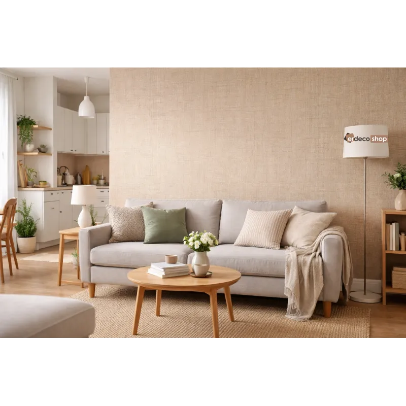 Natural Z48424 Krem Tekstil Dokulu Duvar Kağıdı – Natural Natural Z48424 krem sıcak beyaz ince tekstil çapraz örgü altın iplik izli desensiz duvar kağıdı
