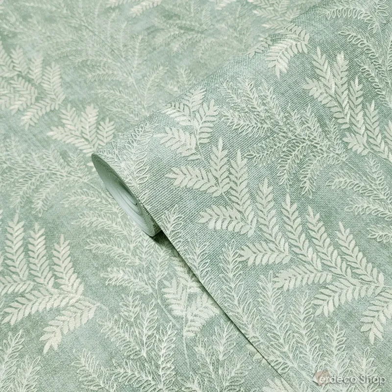 Satin Flowers Z66811 – Gri-yeşil zeminli yaprak desenli duvar kağıdı
