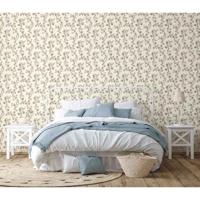 Satin Flowers Z66853 çiçekli beyaz pembe yeşil vintage duvar kağıdı