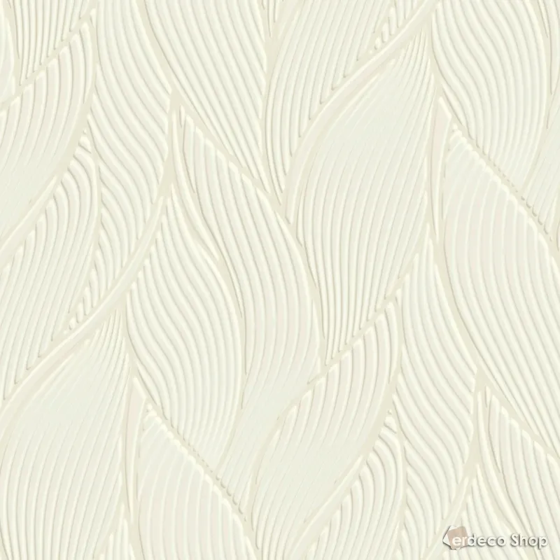 Beyaz ve açık krem rengi, kabartmalı dalgalı yaprak desenli modern vinil duvar kağıdı