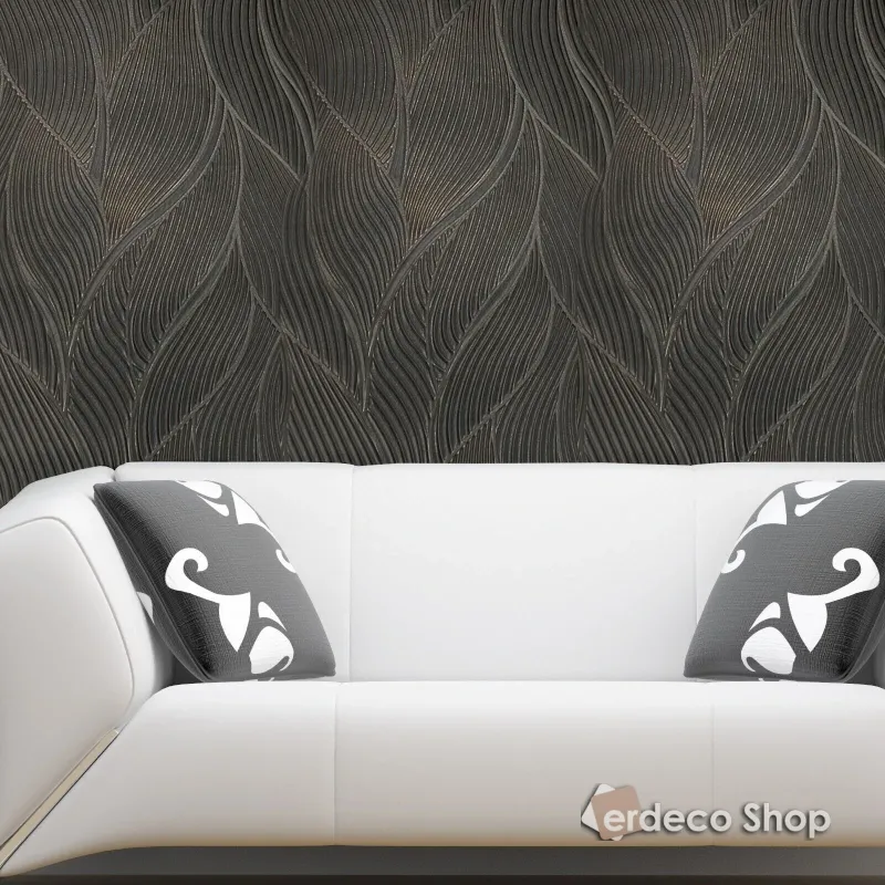 Koyu kahve ve bronz rengi, kabartmalı dalgalı yaprak desenli modern elyaf duvar kağıdı