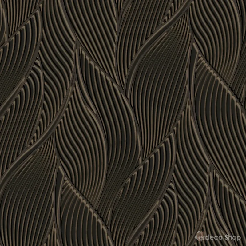 Koyu kahve ve bronz rengi, kabartmalı dalgalı yaprak desenli modern elyaf duvar kağıdı
