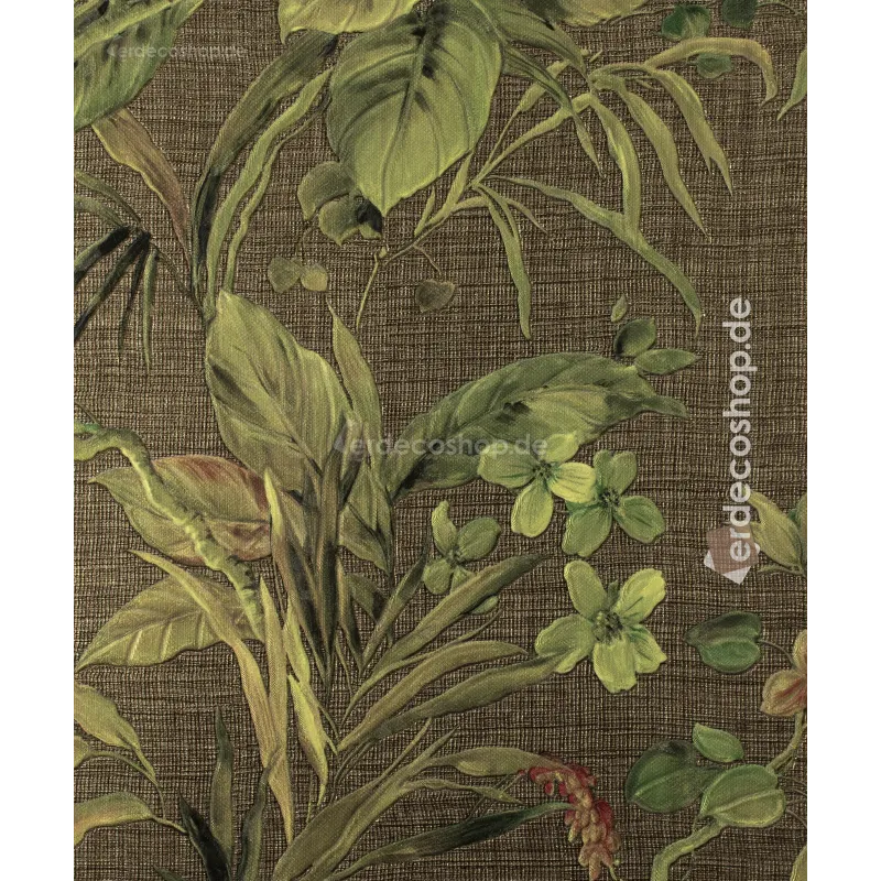Tropikal Çiçekli Kahverengi Duvar Kağıdı Dekorasyon Fikri Tropikal çiçekli, kahverengi fonlu, pastel tonlarda modern duvar kağıdı, Trussardi 8 Z30332