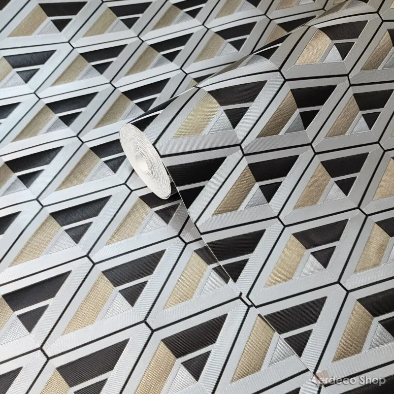 Vision Z76006 geometrik üçgen desenli duvar kağıdı, gri, siyah, bej, 3D