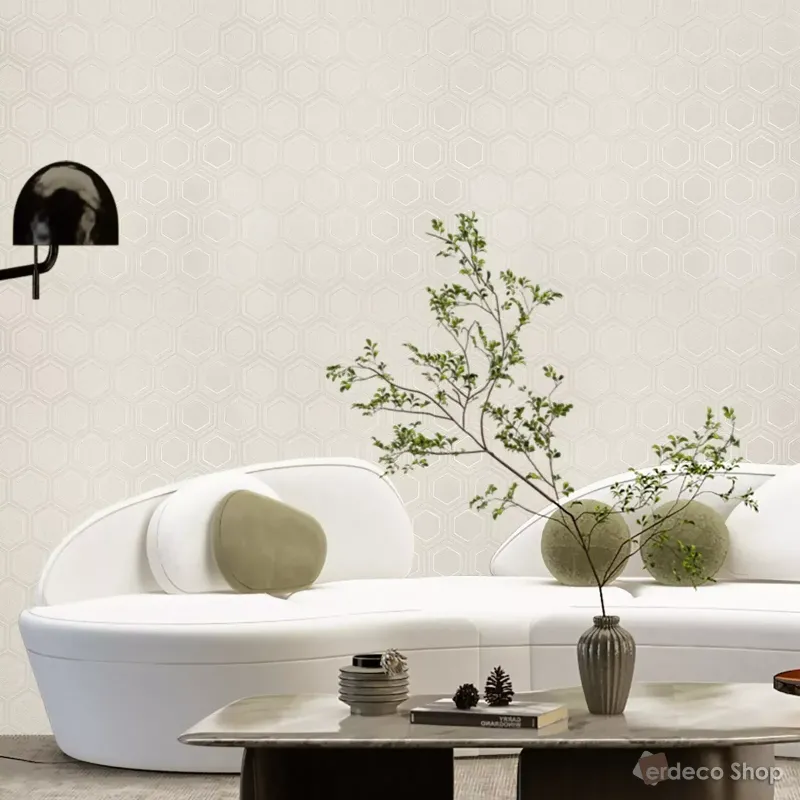 Vision Z76030 bej taupe tonlarında, 3D altıgen geometrik desenli, modern duvar kağıdı.