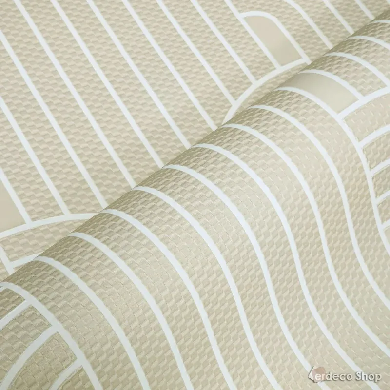 Vision Z76034 Bej Art Deco Çizgili Duvar Kağıdı Vision Z76034 bej tonlarında, Art Deco tarzı kemerli ve dikey çizgili modern desenli duvar kağıdı.