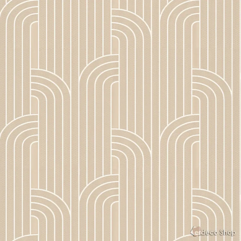 Vision Z76034 Bej Art Deco Çizgili Duvar Kağıdı Vision Z76034 bej tonlarında, Art Deco tarzı kemerli ve dikey çizgili modern desenli duvar kağıdı.