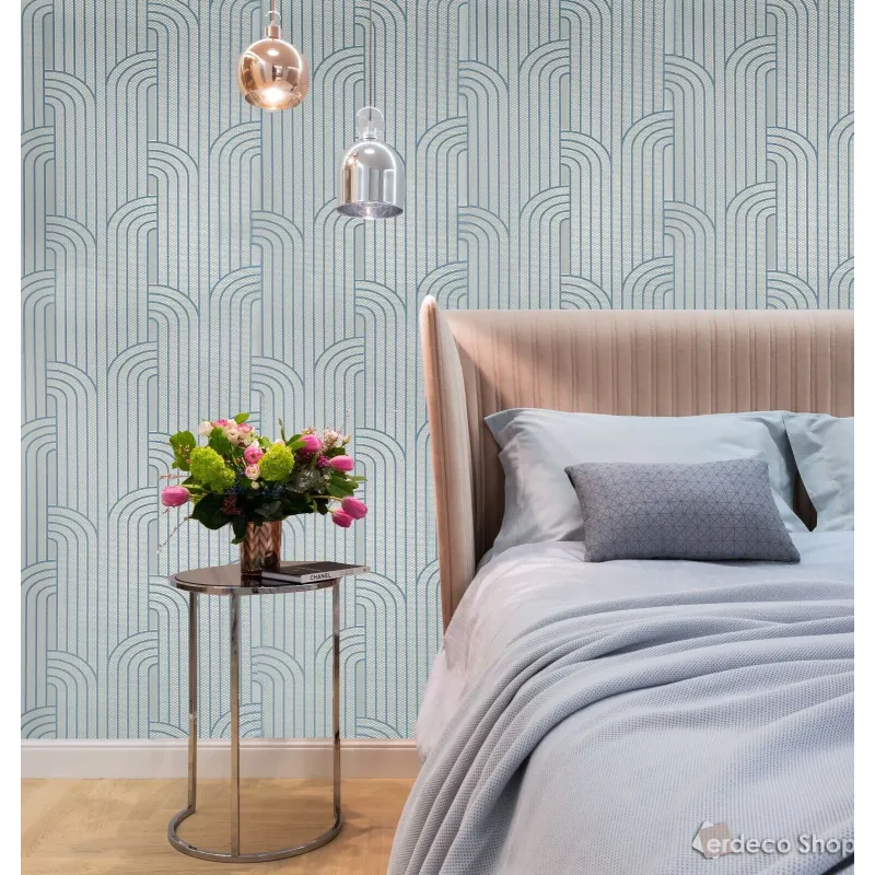 Vision Z76048 gri ve lacivert tonlarında, Art Deco tarzı kemer ve paralel çizgi desenli duvar kağıdı.