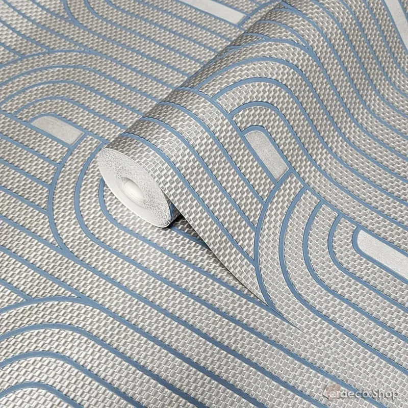 Vision Z76048 gri ve lacivert tonlarında, Art Deco tarzı kemer ve paralel çizgi desenli duvar kağıdı.