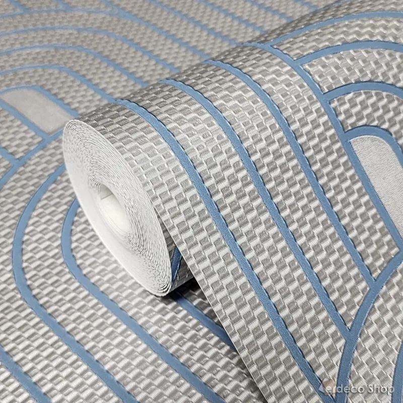 Vision Z76048 gri ve lacivert tonlarında, Art Deco tarzı kemer ve paralel çizgi desenli duvar kağıdı.