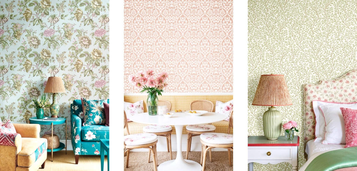 Blooming Garden Salon ve Yemek Odası Uygulaması Cristiana Masi Blooming Garden çiçek desenli duvar kağıdı salon ve yemek odası uygulama örneği